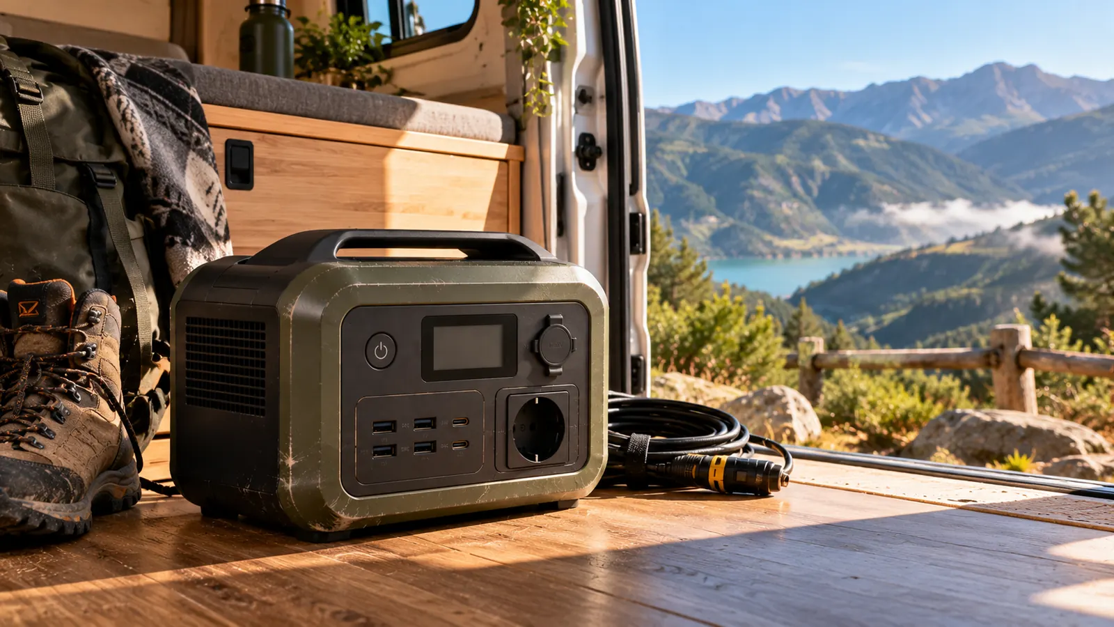 Estación de energía portátil sin marca un poco gastada por el uso, sobre el suelo de una furgoneta camper con la puerta abierta a un paisaje de montaña